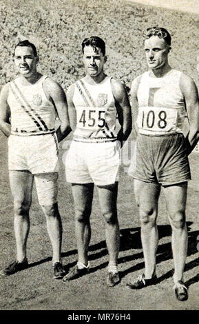Fotografía de los tres primeros ganadores del lanzamiento de bala en los Juegos Olímpicos de 1932. (Izquierda) Leo Sexton (1909 - 1968), medallista de oro (Oriente) Harlow Rothert (1908 - 1997), medallista de plata, (derecha) Frantisek Douda (1908 - 1990) el medallista de bronce. Foto de stock