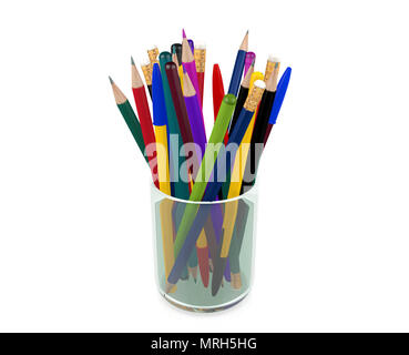 Grupo de plumas, lápices, crayones en vidrio transparente, elementos de papelería Foto de stock