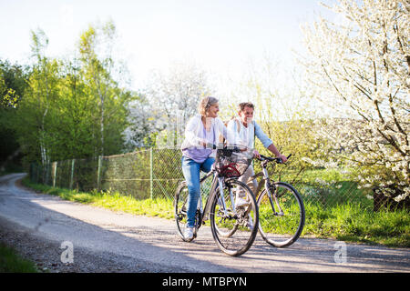 Las parejas ancianas con bicicletas fuera en la primavera de la naturaleza.