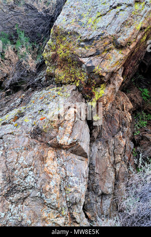 Rock con vena Aplitic monzogranito y liquen, rojo y amarillo, Desierto Anza-Borrego Cool Canyon State Park, CA 33916 090215 Foto de stock