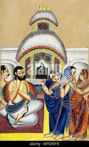 Inglés: "Un episodio de la Tarakeshwar affair. El Mahanta (sumo sacerdote) templo de Shiva aparece sentado sobre una alfombra de rayas en frente templo, un segundo hombre detrás