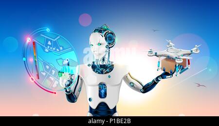 Hombre Cyborg o robot con inteligencia artificial lanza drone virtual en el punto del mapa de HUD. Paquetes del sistema automatizado entrega intelectual por au Ilustración del Vector
