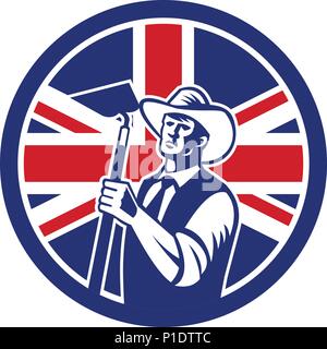Icono de estilo retro ilustración de un agricultor orgánico británico sosteniendo un grab azada con Reino Unido, Gran Bretaña Union Jack indicador establecido dentro del círculo o Ilustración del Vector