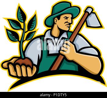 Icono de mascota ilustración de un agricultor orgánico con sombrero sosteniendo una planta por la palma de su mano con la azada agarre sobre su hombro mirando al lado de i Ilustración del Vector
