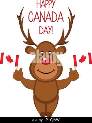 Cute moose sosteniendo las banderas. El Día de Canadá. Diseño ilustración vectorial Ilustración del Vector