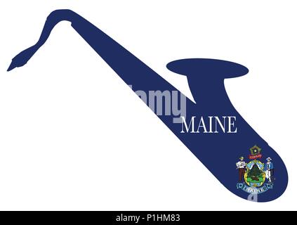 Silueta de un saxofón con una impresión de la bandera de los EE.UU. Estado de Maine sobre un fondo blanco. Ilustración del Vector