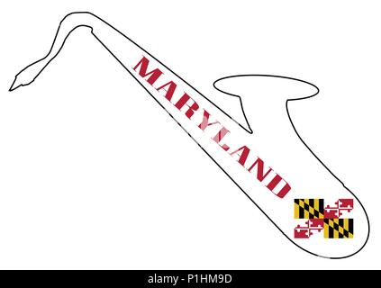 Silueta de un saxofón con una impresión de la bandera de los EE.UU. Estado de Maryland sobre un fondo blanco. Ilustración del Vector