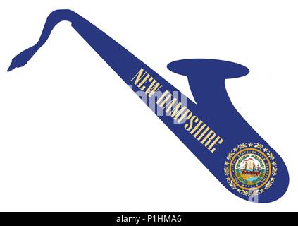 Silueta de un saxofón con una impresión de la bandera de los EE.UU. Estado de Nueva Hampshire sobre un fondo blanco. Ilustración del Vector