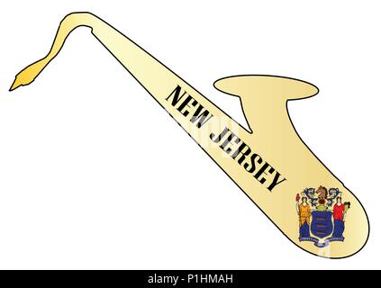 Silueta de un saxofón con una impresión de la bandera de los EE.UU. Estado de Nueva Jersey, sobre un fondo blanco. Ilustración del Vector