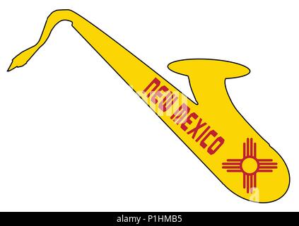 Silueta de un saxofón con una impresión de la bandera de los EE.UU. Estado de Nuevo México sobre un fondo blanco. Ilustración del Vector