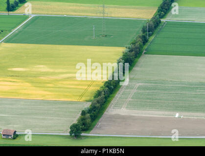 Campos de cultivo y filas de árboles con el plumero de cosecha de un avión visto desde arriba Foto de stock