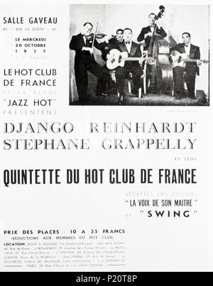 Anuncio para el Quinteto Hot Club de París, Francia, 1937. Stephane  Grappelli (1908-1997) destacado violinista de Jazz Francés en Europa para  