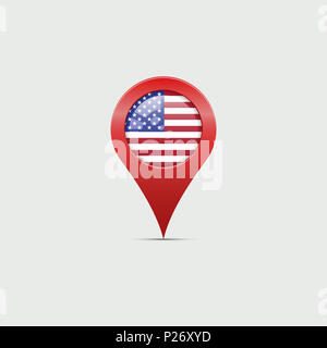 Big Red 3D USA Map Marker con sombra en el fondo gris claro. Ilustración. Star-Striped bandera Americana. Ubicación: Estados Unidos. Foto de stock