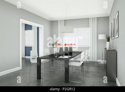 Dning habitación con mesa negra apartamento moderno diseño de interiores en 3D Ilustración Foto de stock