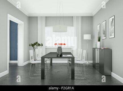 Dning habitación con mesa negra apartamento moderno diseño de interiores en 3D Ilustración Foto de stock