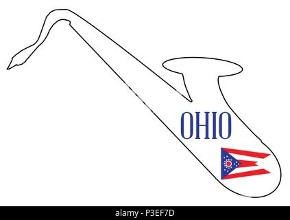 Silueta de un saxofón con una impresión de la bandera de los EE.UU. Estado de Ohio sobre un fondo blanco. Ilustración del Vector
