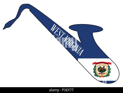 Silueta de un saxofón con una impresión de la bandera de los EE.UU. Estado de West Virginia sobre un fondo blanco. Ilustración del Vector