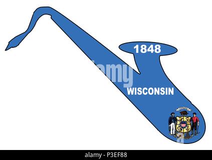 Silueta de un saxofón con una impresión de la bandera de los EE.UU. Estado de Wisconsin sobre un fondo blanco. Ilustración del Vector