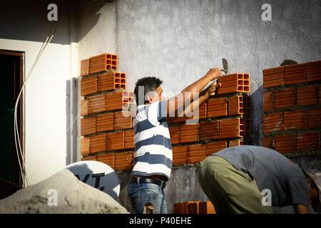 Em construção Pedreiros levantando parede de tijolos.