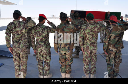 Los miembros del Ejército Nacional Afgano celebraron una ceremonia de transferencia digna planeside sombrío, el 26 de junio de 2016, en el campamento Shorabak, Afganistán. Los miembros militares afganos hicieron formaciones lineales y saludó como dos ataúdes de madera revestidas con bandera se marcharon ceremonialmente en un C-130H. El grupo se cerró con una oración. Los cadáveres fueron trasladados a Kabul, donde fueron recibidos por ambulancias para ser trasladados a sus lugares de reposo final. (Ee.Uu. Foto de la fuerza aérea por el Capitán Jason Smith)