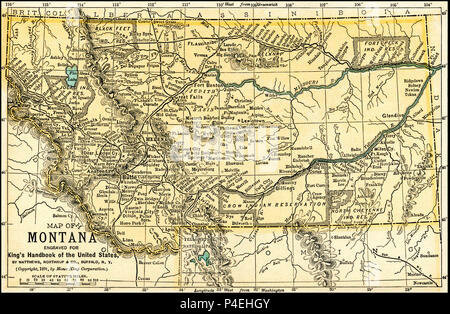 Mapa antiguo de Montana 1891: Mapa de Montana de una guía de 1891: 'Hand-Book del rey de los Estados Unidos." Fecha de Publicación: 1891. Moisés King (1853 1909) fue un estadounidense y editor de libros de viajes. Foto de stock