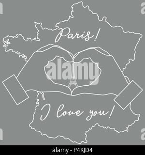 Hacer una mano en forma de corazón. Torre, símbolo de París. La inscripción París I love you. Los viajes y el ocio. Ilustración del Vector