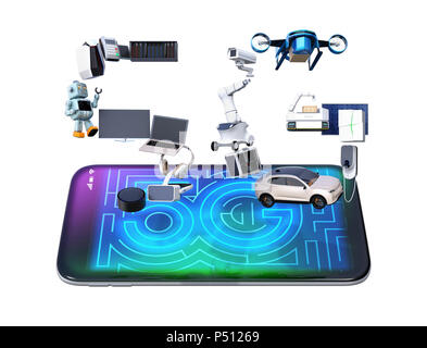 Dispositivos inteligentes, zumbido, vehículos autónomos y robots dispuestos en "5G" en el texto, el teléfono inteligente 5G concepto. Representación 3D imagen. Foto de stock