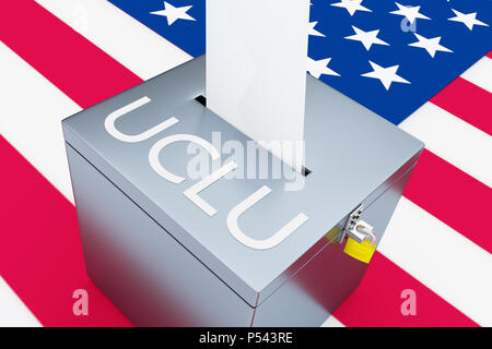 Ilustración 3D de ACLU script en una urna con la bandera estadounidense como fondo. American Civil Liberties Union. Foto de stock