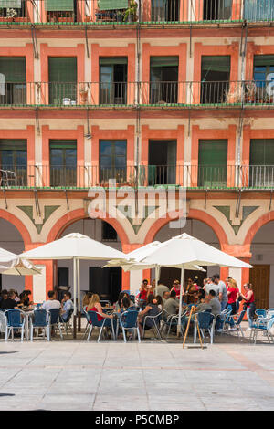 Cafe bar de Córdoba, los turistas relajarse en una terraza de un café en el siglo XVII, la Plaza de la Corredera en Córdoba en una tarde de verano, Andalucia, España. Foto de stock