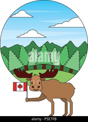 Moose sosteniendo la bandera canadiense en bosque ilustración vectorial Ilustración del Vector