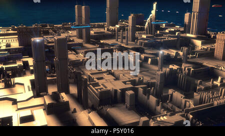 3D Render. Ciudad futurista y naves espaciales