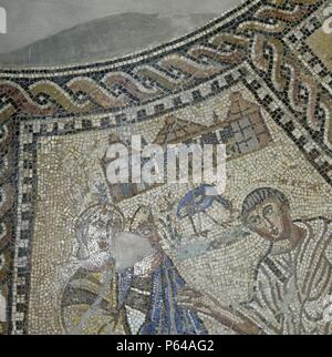 El mosaico de las Musas. DETALLE DE LAS CABEZAS DE UNA PAREJA Y UNA VILLA. ROMANO. (Tu depósito: MUSEO ARQUEOLOGICO NACIONAL).