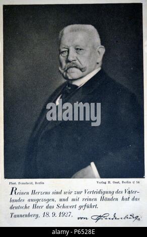 El Presidente Paul von Hindenburg (1847 â€ì 2 de agosto de 1934), el mariscal de campo Prussian-German, estadista y político, y sirvió como el segundo Presidente de Alemania desde 1925 a 1934. Foto de stock