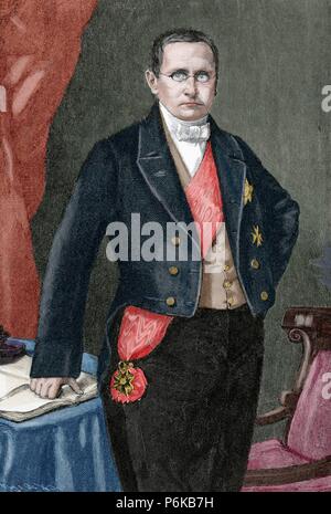 Otto Theodor von Manteuffel (1805-1882). Conservador estadista prusiano. Grabado por Kaeseberg. Historia Universal, 1885. Coloreada. Foto de stock