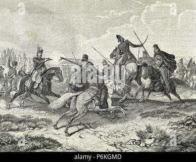Las guerras napoleónicas. Lucha en Rusia. Los cosacos contra el ejército francés. Grabado del siglo XIX. Foto de stock