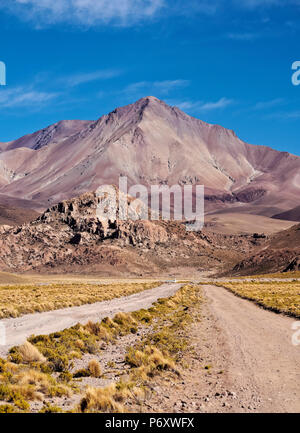 El departamento de Potosí, Bolivia, Sur Lipez Provincia, camino de tierra y Cerro Lípez. Foto de stock