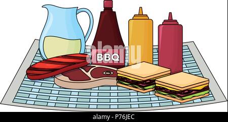 Mantel de picnic con bocadillos y botellas de salsa sobre fondo blanco, ilustración vectorial Ilustración del Vector