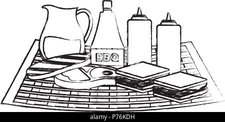 Mantel de picnic con bocadillos y botellas de salsa sobre fondo blanco, ilustración vectorial Ilustración del Vector