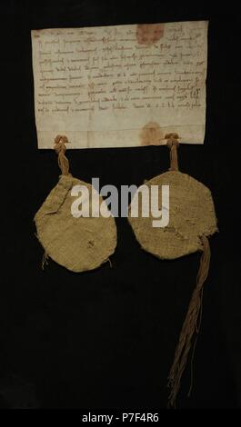 Carta de patrocinio para Fogdo Abbey, julio de 1252. Documento donde aparece la primera evidencia del nombre de Estocolmo. Museo Medieval. Estocolmo. Suecia. Foto de stock