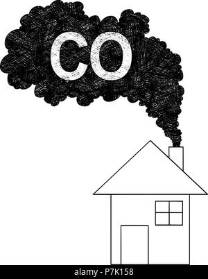  Dibujo Artístico, ilustración vectorial de humo procedente de la chimenea de la casa, monóxido de carbono, dióxido de carbono o CO Concepto de contaminación del aire Imagen Vector de stock