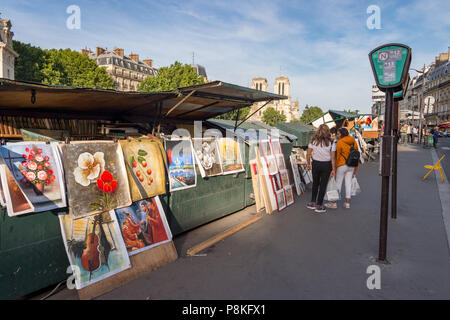 París, Francia - 24 de junio de 2018: Pintura y vintage reserve puestos a lo largo del río Sena y la catedral de Notre-Dame. Foto de stock