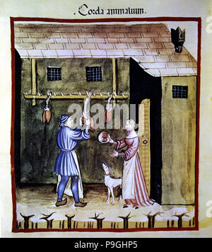 Los callos y despojos tienda, vendiendo animales para los corazones. En la miniatura "Tacuinum sanitatis", iluminado m... Foto de stock