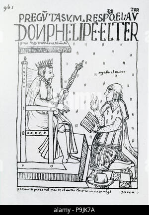 Poma de Ayala aparece postrado ante el rey Felipe II, la ilustración en "Nueva Crónica y Buen...