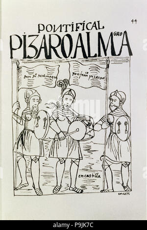 Francisco Pizarro y Diego de Almagro con un jugador flageolet de Castilla, la ilustración de la ...