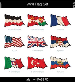 La Primera Guerra Mundial ondeando la bandera. El juego incluye las banderas  de Estados Unidos, Serbia, Rusia y el Imperio Austro-Húngaro, Alemán,  Italiano, los imperios otomano y británico Imagen Vector de stock -