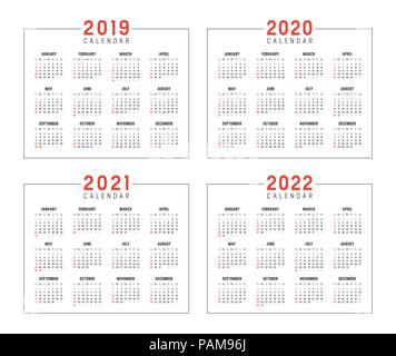 Conjunto de calendarios minimalista, años 2019 2020 2021 2022, semanas inicio Domingo, sobre fondo blanco - Vector plantillas.