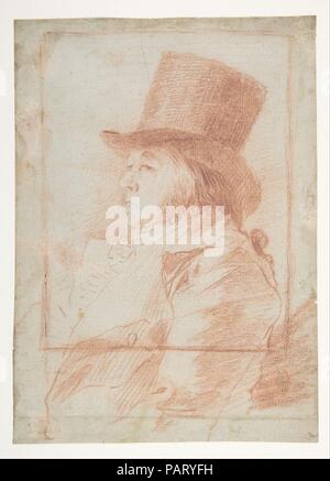 Autorretrato; Goya llevaba un sombrero superior hacia la izquierda dentro de un marco dibujado (recto); dos estudios de su rostro (verso). Artista: Goya (Francisco de Goya y Lucientes) (español, Fuendetodos 1746-1828 Burdeos). Dimensiones: Hoja: 7 13/16 x 5 5/8". (19,8 × 14,3 cm). Fecha: ca. 1797-98. Este es un dibujo preparatorio para el cuál ahora es la primera impresión en su serie Los caprichos (publicado en 1799). Museo: Museo Metropolitano de Arte, Nueva York, Estados Unidos.