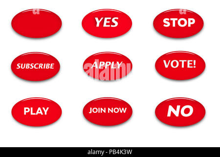 Conjunto de botones con palabras de motivación. Texto blanco sobre fondo rojo. Botón Elipse de vidrio. Signo Web iconos. Ilustración 3d