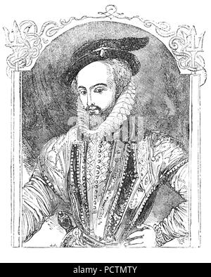 Un retrato de Sir Walter Raleigh (1554-1618) fue un Inglés aterrizó caballero, escritor, poeta, soldado, político, cortesano, espía y explorer. Se convirtió en un favorito de la reina Isabel I, y en 1585, fue nombrado caballero y nombrado alcaide de la stannaries - las minas de estaño de Cornualles y Devon, Lord Lieutenant de Cornwall, y vicealmirante de los dos condados. Se sentó en el Parlamento como diputado de Devonshire en 1585 y 1586. En el año de 1588 Armada, Raleigh tuvo algún tipo de implicación con la defensa contra los españoles en Devon, cuando su barco, el Arca de Raleigh, se convirtió en Lord Gran Almirante Howard del buque insignia. Foto de stock