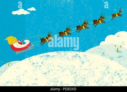 Santa Claus y sus renos. Santa Claus volando en su trineo es tirado por sus renos. Ilustración del Vector